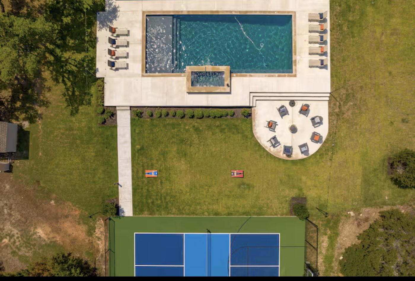 Aerial view of the Austin property, pool and grounds